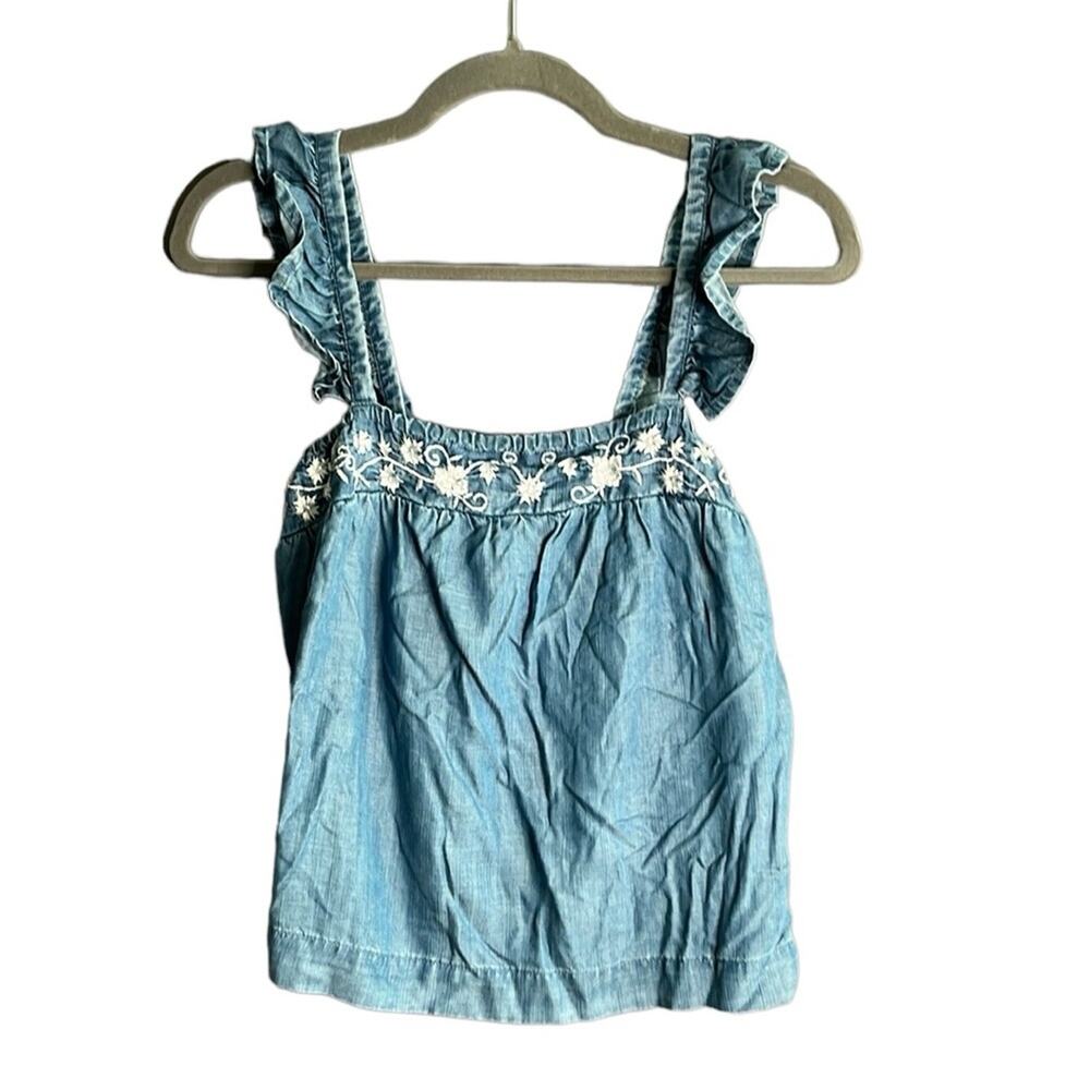 Harper Chambray Embroidered Trim Ruffle Straps Small